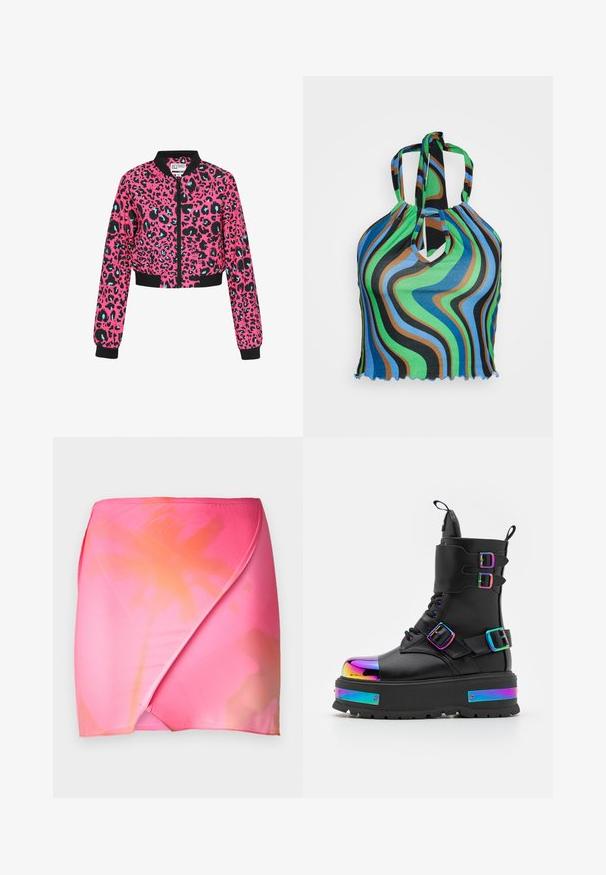 Abgeschnittene Bomberjacke in leuchtendem Pink mit einem schwarzen und türkisfarbenen Leopardenmuster. Verfügt über einen Reißverschluss vorne sowie schwarze Rippstrickbündchen und einen Saum.; Neon & Nylon NEOLUCYWAVE HALTERNECK - T-Shirt print - black; Rosa Farbverlauf Wickelrock aus glattem, elastischem Stoff mit einem Ombre-Effekt von lebhaftem Rosa zu sanftem Orange. Schlichtes Bunddesign.; Koi Footwear COSMIC FIRE METAL PLATFORM BOOTS - Schnürstiefelette - black/multi-coloured