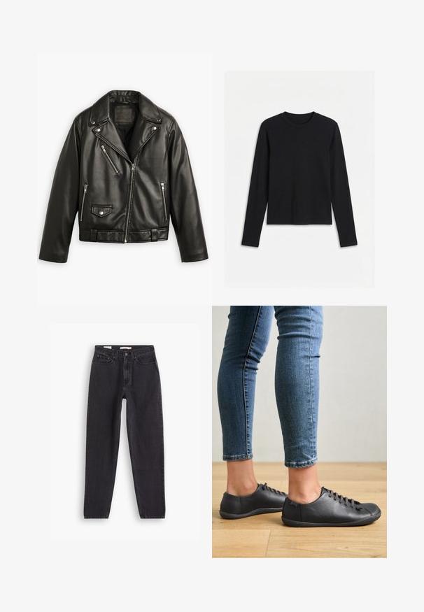 Zwarte leren motorjack met een cropped ontwerp, brede revers, meerdere ritszakken en een subtiele glans. Voorzien van een riem op de taille.; Zwart, effen, nauwsluitend shirt met lange mouwen en ronde hals, afgebeeld tegen een witte achtergrond.; Zwarte denim jeans met een straight-leg ontwerp, voorzien van vijf zakken, sluiting met een knoop aan de voorkant en gestikte details langs de naden.; Zwarte leren schoenen met een ronde neus, lage profiel en vetersluiting. Gecombineerd met blauwe, aansluitende jeans en een houten vloer als achtergrond.
