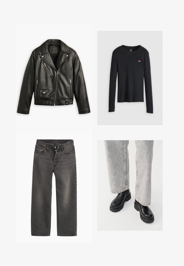 Schwarze Leder-Motorradjacke mit cropped Design, breiten Revers, mehreren Reißverschlusstaschen und einem subtilen Glanz. Mit einem Gürtel in der Taille.; Schwarzes Langarmshirt aus Baumwolle mit Rundhalsausschnitt und kleinem roten Levi's-Logo auf der linken Brustseite. Strukturierter Stoff.; Schwarze Jeans aus Denim mit geradem Bein, hoher Taille und Knopfleiste. Verfügt über dezentes Ausbleichen und kontrastierende Nähte.; Vagabond COSMO - Plateaustiefelette - black