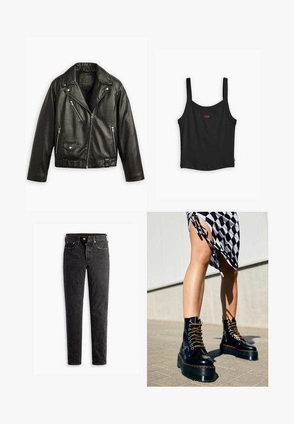 Sort læder motorcykeljakke med en cropped design, brede klapper, flere lynlåslommer og en subtil glans. Har et bælte i taljen.; Sort ribbet tanktop med tynde stropper, med et lille rødt Levi's-logo i midten foran og en lige nederste kant.; Sorte denim jeans med lige ben, der har fem lommer, kobberhardware og en let slidte måde.; Sorte læder platform støvler med chunky såler, guld snørebånd og orange syninger, kombineret med en ternet nederdel med en sideslids.