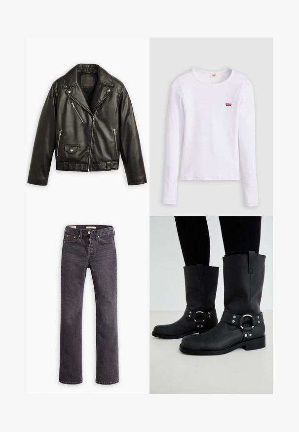 Sort læder motorcykeljakke med en cropped design, brede klapper, flere lynlåslommer og en subtil glans. Har et bælte i taljen.; Hvid Levi's langærmet skjorte med rund halsudskæring og lille rødt Levi's-logo på venstre bryst, vist på en ensfarvet baggrund.; Sorte denim jeans med lige ben, featuring en knaplukning, kobber nitter og diskret falming. Klassisk fem-lomme design.; ONLY SHOES ONLBAX - Cowboy- / bikerstøvler - black