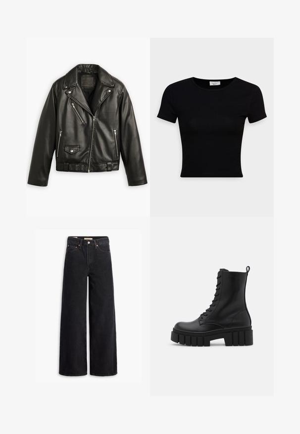 Zwarte leren motorjack met een cropped ontwerp, brede revers, meerdere ritszakken en een subtiele glans. Voorzien van een riem op de taille.; Zwarte korte mouwen t-shirt van gladde katoenstof, met een ronde hals en een getailleerd ontwerp. Minimalistisch zonder zichtbare patronen.; Zwarte brede jeans gemaakt van denim, met vijf zakken, koperen klinknagels en een klassieke knoopsluiting. Glad van textuur met een strakke uitstraling.; Zwarte leren enkelboot met een chunky, gegroefd zool, vetersluiting aan de voorkant en een trekband op een gladde witte achtergrond.