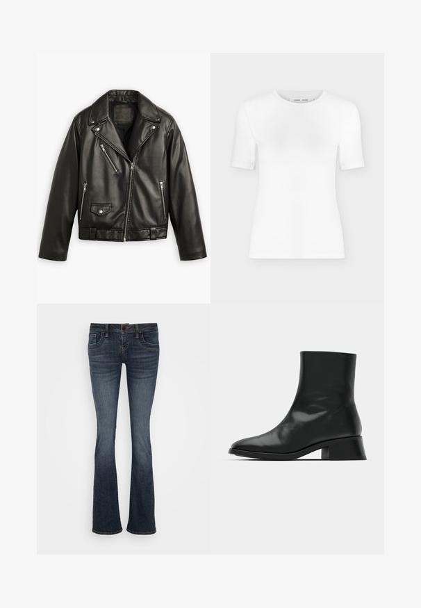 Schwarze Leder-Motorradjacke mit cropped Design, breiten Revers, mehreren Reißverschlusstaschen und einem subtilen Glanz. Mit einem Gürtel in der Taille.; Weißes T-Shirt mit kurzen Ärmeln und Rundhalsausschnitt, schlanker Passform und gerippter Stoffstruktur, dargestellt vor einem schlichten hellgrauen Hintergrund.; Dunkelblaue ausgestellte Jeans mit mittelhohem Bund, fünf Taschen und subtilen Stichakzenten. Hergestellt aus Denim mit glatter Textur.; Schwarze Ankle Boots aus glänzendem Leder, mit einem eleganten Design, spitzer Zehenpartie und einem moderaten Blockabsatz für Stabilität.
