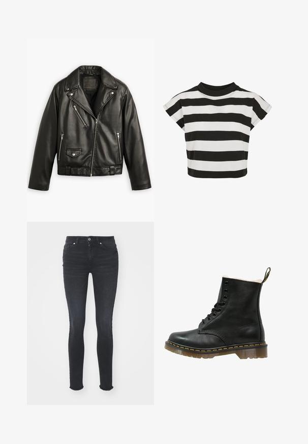 Zwarte leren motorjack met een cropped ontwerp, brede revers, meerdere ritszakken en een subtiele glans. Voorzien van een riem op de taille.; Zwart-witte gestreepte crop top met een ronde halslijn en korte, kapmouwen; gemaakt van zacht katoenmateriaal.; Zwarte denim skinny jeans met een middelhoge taille, vijf zakken en een franjerand. De stof heeft een gladde textuur met een lichte rek.; Zwarte leren enkelboot met een zachte witte voering, ronde neus, zes veterogen, gele stiksels en een doorschijnende rubberen zool.
