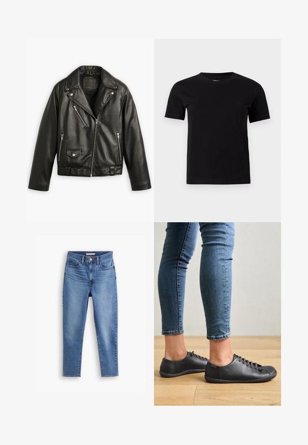Sort læder motorcykeljakke med en cropped design, brede klapper, flere lynlåslommer og en subtil glans. Har et bælte i taljen.; Simpel sort t-shirt med korte ærmer og rund hals med subtilt logo på venstre bryst, vist på en neutral grå baggrund.; Blå højtaljede kvindejeans med frontknap og lynlåslukning, bæltestropper og fem-pockets design, flad på hvid baggrund.; Sorte lædersko med rund tå, lav profil og snørebåndsdesign. Kombineret med blå, tætsiddende jeans og en baggrund af trægulv.