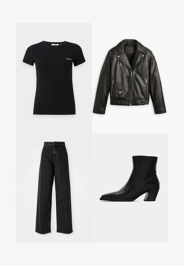 Veste de moto en cuir noir avec un design court, des revers larges, plusieurs poches zippées et un léger brillant. Elle possède une ceinture à la taille.; T-shirt noir ajusté à manches courtes avec col rond et petit logo blanc « Pepe Jeans » sur la poitrine gauche.; Jean en denim noir à taille haute et jambes larges, avec un design classique à cinq poches et des détails de couture subtils.; Bottine en cuir noir avec un bout pointu, une silhouette élégante et un talon carré massif. Texture lisse avec des détails de couture minimalistes.