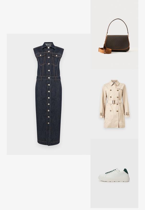 Trench-coat beige croisé à double boutonnage avec ceinture assortie, poignets boutonnés avec boucles, poches à l'avant et col classique.; Robe midi en denim foncé sans manches avec fermeture à boutons sur le devant, deux poches à rabat sur la poitrine, un col et des surpiqûres contrastantes orange.; Baskets blanches avec un accent texturé vert foncé au niveau du talon, bout rond, semelle de hauteur moyenne et lacets assortis en vert foncé.; Sac bandoulière marron foncé avec accents dorés, bandoulière réglable marron clair et poignée supérieure sur fond blanc.