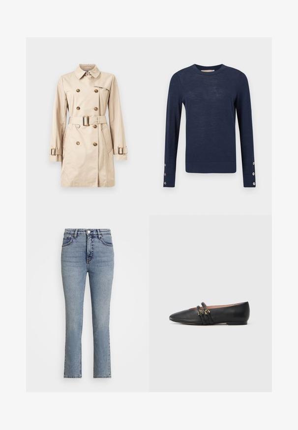 Beige dubbelgeknoopte trenchcoat met bijpassende riem, mouwen met knopen en gespen, voorzakken en een klassieke kraag.; Donkerblauwe trui met lange mouwen van lichtgewicht stof, voorzien van een geribbelde halslijn en knoopdetail bij de manchetten. Eenvoudig, aangesloten model.; Lichtblauwe denim jeans met een hoge taille, rechte pijpen en subtiele vervaging. Bevat een metalen knoop en contrasterende stiksels.; Zwarte leren platte schoenen met een spitse neus, voorzien van twee zwarte banden met gouden accenten. Soepele textuur en lage hak.