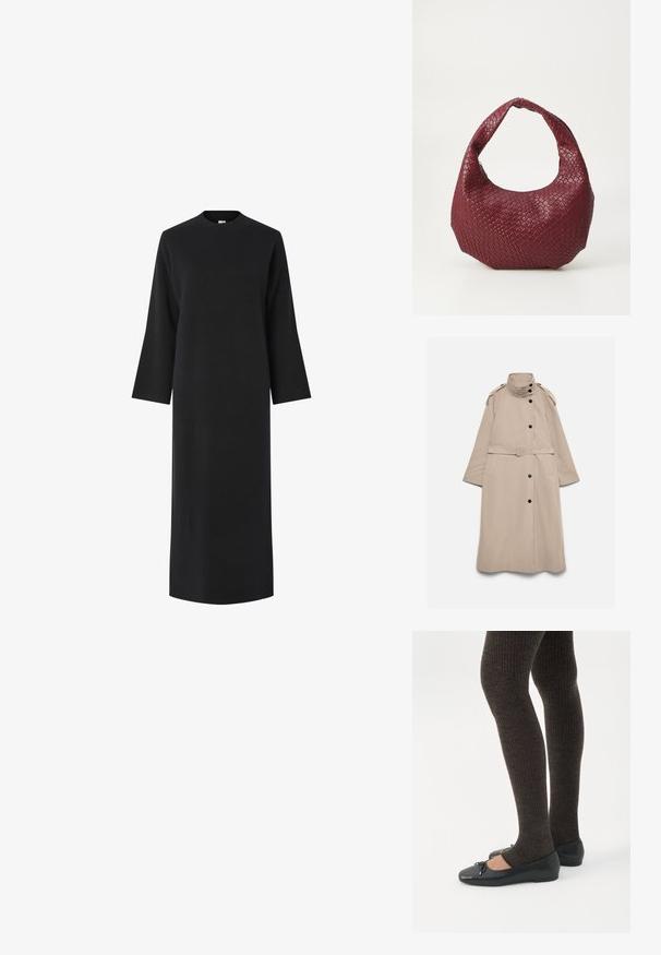 Lang beige trenchcoat med højt krave, sorte knapper, skulderklaffer, bælte i taljen og sidelommer, lagt fladt på hvid baggrund.; Sort langærmet kjole med høj halsudskæring, lavet af et glat, tekstureret stof. Har en lige pasform og falder under knæene.; Ben iført mørke ribbede leggings kombineret med sorte balletsko med små sløjfedetaljer på hvid baggrund.; Vævet bordeaux håndtaske med en rund silhuet, et enkelt håndtag og en tekstureret overflade. Lynlåslukning øverst.