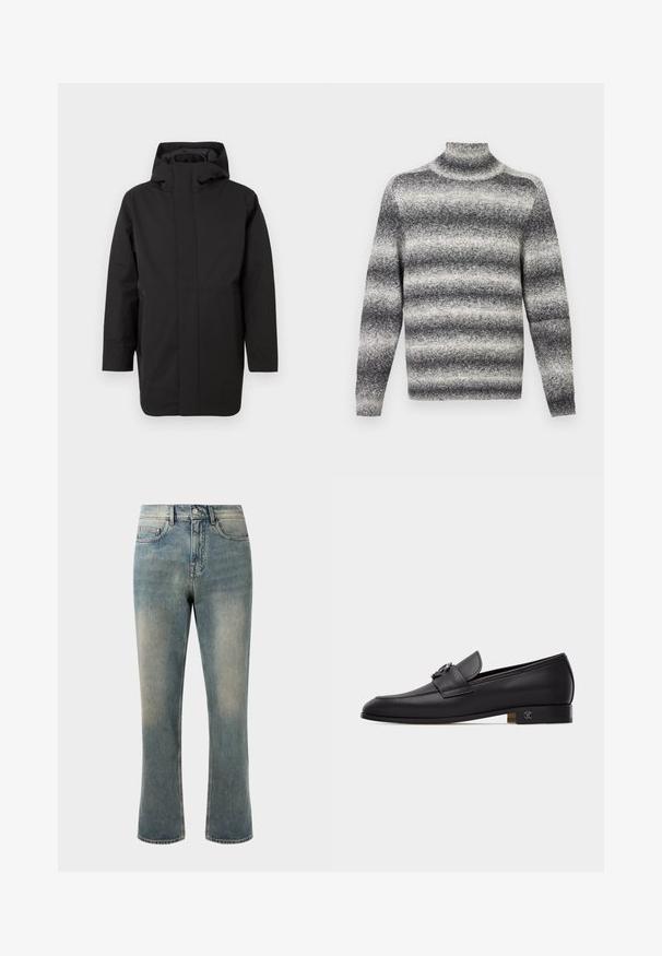 Schwarzer wasserdichter Parka mit hohem Kragen, langen Ärmeln, zwei Seitentaschen und einem minimalistischen Design ohne sichtbare Verschlüsse.; Grau-weißer gestreifter Rollkragenpullover mit geripptem Kragen, bietet eine weiche Textur und standardmäßige lange Ärmel.; Hellblaue Denim-Jeans mit geradem Bein, mittelhoher Taille und subtilen Ausbleichungen. Verfügt über klassische Taschenstil und Kontrastnähte.; Schwarzer Lederloafer mit einer Metallkettendetail auf der Vorderseite und einem niedrigen, gestapelten Absatz mit einem kleinen dekorativen Emblem.