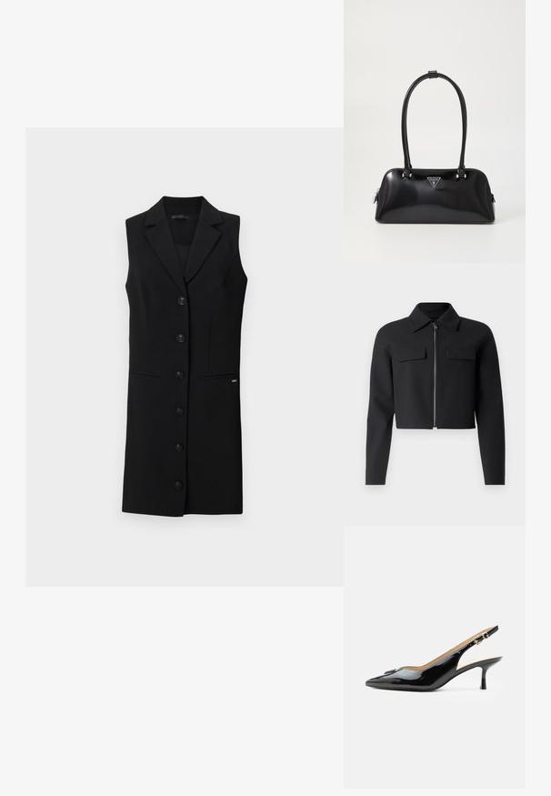 Schwarze, kurz geschnittene Jacke mit Reißverschluss vorne, langen Ärmeln und zwei Brusttaschen; aus glattem, strukturiertem Stoff.; Schwarzes ärmelloses Blazerkleid mit einem maßgeschneiderten Design, mit Reverskragen, sechs vorderen Knöpfen und seitlichen Taschen. Glattes Material mit minimalen Akzenten.; Schwarzer Pumps mit Riemchen aus Lackleder, spitz zulaufender Zehenpartie, kleinem Kitten-Heel und silberner Schnalle auf weißem Hintergrund.; Schwarz glänzende Handtasche mit geschwungener Silhouette, zwei Griffen und einem Logo-Plakette auf der Vorderseite. Reißverschlussverschluss und glänzende Hardwareakzente.