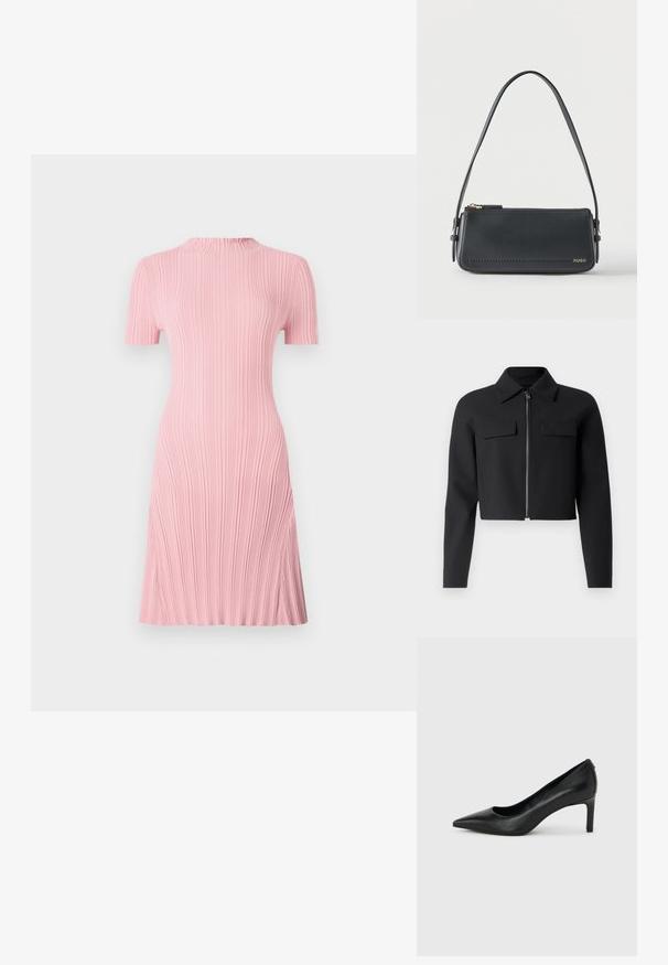 Veste noire cropped avec fermeture éclair à l'avant, manches longues et deux poches poitrine ; fabriquée à partir d'un tissu lisse et texturé.; Robe rose à la longueur des genoux avec des manches courtes, texture côtelée, légère volute au niveau du col et forme évasée. Fini lisse.; Escarpin à bout pointu en cuir noir avec un talon fin de hauteur moyenne sur un fond gris clair uni.; Sac à bandoulière rectangulaire en cuir noir avec fermeture éclair dorée et petit logo "HUGO" doré sur le devant, doté d'une sangle réglable avec boucle.