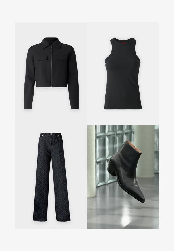 Veste noire cropped avec fermeture éclair à l'avant, manches longues et deux poches poitrine ; fabriquée à partir d'un tissu lisse et texturé.; Débardeur sans manches noir en tissu extensible. Présente un col rond et une silhouette ajustée avec des détails de couture minimaux.; Jean large bleu foncé avec un motif géométrique, en denim. Présente un bouton en métal, une fermeture éclair et des coutures de poches avant.; Bottine en cuir noir avec un bout pointu et un talon carré lévitant au-dessus d'un sol gris réfléchissant près d'un mur en blocs de verre.