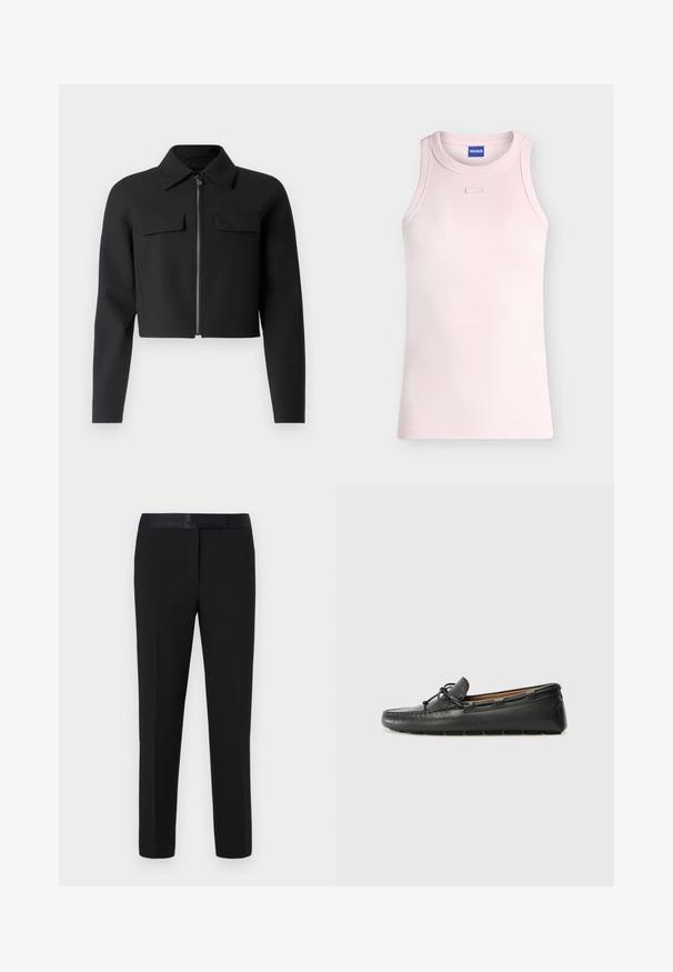 Sort cropped jakke med lynlås foran, lange ærmer og to brystlommer; lavet af glat, struktureret stof.; Lyserød ærmeløs ribbet tanktop med rund halsudskæring og lille rektangulært stofdetalje nedenfor kraven, HUGO mærke indeni kraven.; Sorte bukser med en glat tekstur, lige snit og en satinlinning. Har minimal detaljering og ingen synlige mønstre eller accenter.; Sorte læder bådsko med afrundet tå, stikninger, lille sløjfedetalje og gummisål. Glat tekstur og strømlinet design.