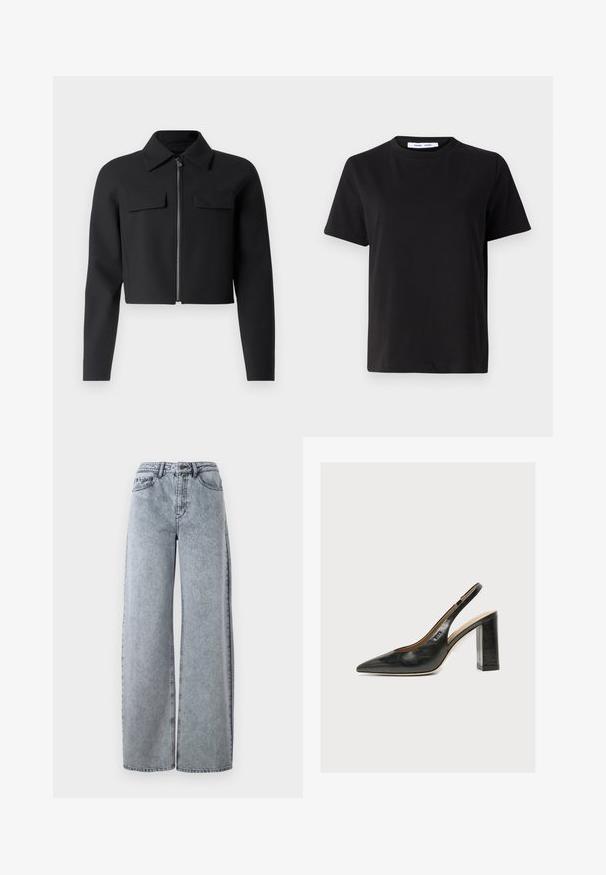Schwarze, kurz geschnittene Jacke mit Reißverschluss vorne, langen Ärmeln und zwei Brusttaschen; aus glattem, strukturiertem Stoff.; Schwarzes T-Shirt mit kurzen Ärmeln aus weicher Baumwolle, mit rundem Ausschnitt, lockerer Passform und glatter Textur. Keine sichtbaren Muster oder Grafiken.; Hellblaue Denim-Weitbeinjeans mit hohem Bund, ausgestattet mit Eingrifftaschen, Gürtelschlaufen und kontrastierenden Nähten.; Schwarzer Leder-Damenslingback-Schuh mit spitzer Zehenpartie und dickem hohem Blockabsatz vor weißem Hintergrund.