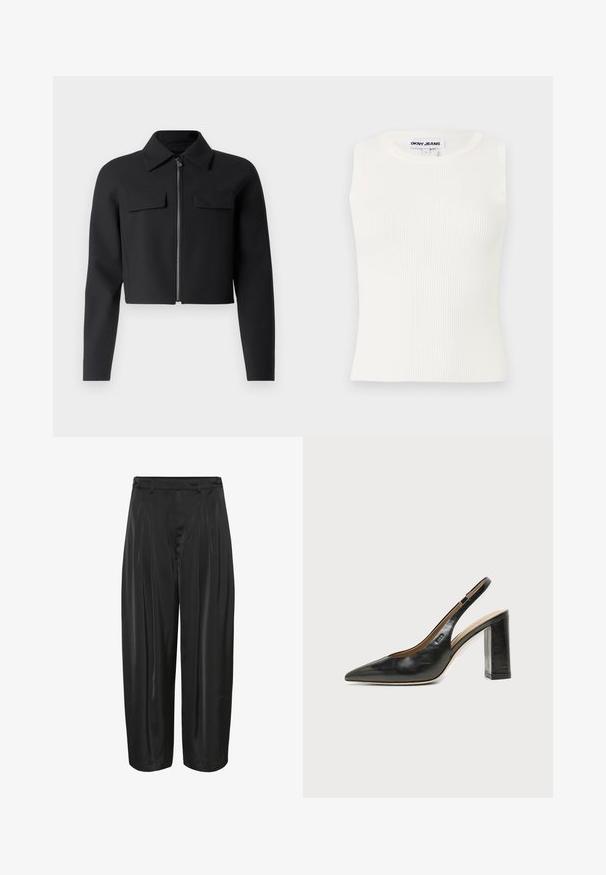 Veste noire cropped avec fermeture éclair à l'avant, manches longues et deux poches poitrine ; fabriquée à partir d'un tissu lisse et texturé.; Débardeur blanc à côtes sans manches avec un col rond, fabriqué en tissu extensible. Présente une étiquette marquée "DKNY JEANS" au niveau du col.; Pantalons noirs à jambes larges avec plis sur le devant, passants de ceinture et ajusteurs latéraux à boutons, fabriqués en tissu brillant.; Chaussure slingback en cuir noir à bout pointu avec un talon bloc haut et une doublure intérieure beige sur un fond clair uni.