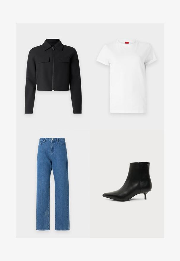 Sort cropped jakke med lynlås foran, lange ærmer og to brystlommer; lavet af glat, struktureret stof.; Hvid kortærmet t-shirt lavet af letvægts bomuld. Har en rund halsudskæring og rullede ærmer. Rød logoetiket på kraven.; Lyseblå denimjeans med høj talje, brede ben og et klassisk fem-lomme design. Stoffet har en subtil tekstur.; Sort læder ankelstøvle med spids tå og lav kitten hæl på lys baggrund, der viser yderside.