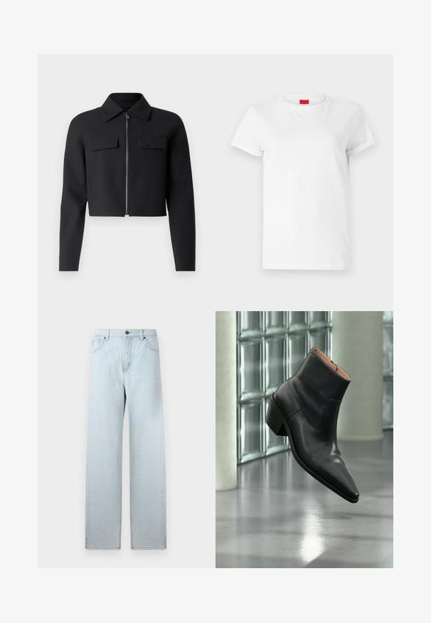 Sort cropped jakke med lynlås foran, lange ærmer og to brystlommer; lavet af glat, struktureret stof.; Hvid kortærmet t-shirt lavet af letvægts bomuld. Har en rund halsudskæring og rullede ærmer. Rød logoetiket på kraven.; Lyseblå vid jeans med høj talje, forlommer og knaplukning. Glat denimtekstur, minimal falmning, lige ben-design.; Sort læderankelstøvle med spids tå og blokhæl, der svæver over en reflekterende grå gulv nær en væg af glasblokke.