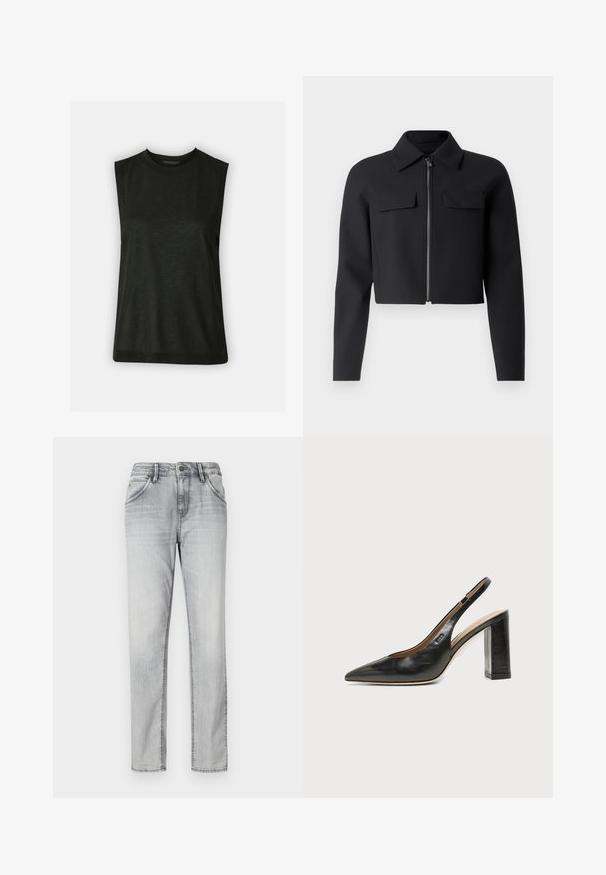 Sort cropped jakke med lynlås foran, lange ærmer og to brystlommer; lavet af glat, struktureret stof.; Sort, ærmeløs top lavet af blødt stof med en rund halsudskæring og en afslappet pasform. Simpelt design uden synlige mønstre eller hardware.; Grå denim jeans med en klassisk pasform, der har knaplukning, fem lommer og subtil falming for tekstur. Lige ben design.; Sort læder peep-toe slingback sko med høj blokhæl og beige indvendig foring mod en ensfarvet lys baggrund.