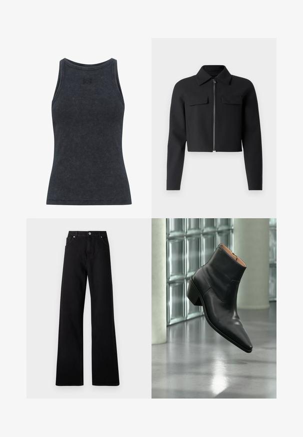 Zwarte cropped jas met een ritssluiting aan de voorkant, lange mouwen en twee borstzakken; gemaakt van een gladde, gestructureerde stof.; Donkergrijze geribbelde tanktop met een ronde hals en een aansluitend ontwerp. Kenmerkt een subtiele logo-detail op de borst. Zacht, gemeleerd stof.; Zwarte wide-leg jeans van denim met een vijf-pockets ontwerp, voorste knoopsluiting en subtiele stikdetails.; Zwarte leren enkellaars met een spitse neus en blokhak die zweeft boven een reflecterende grijze vloer nabij een glazen blokmuur.