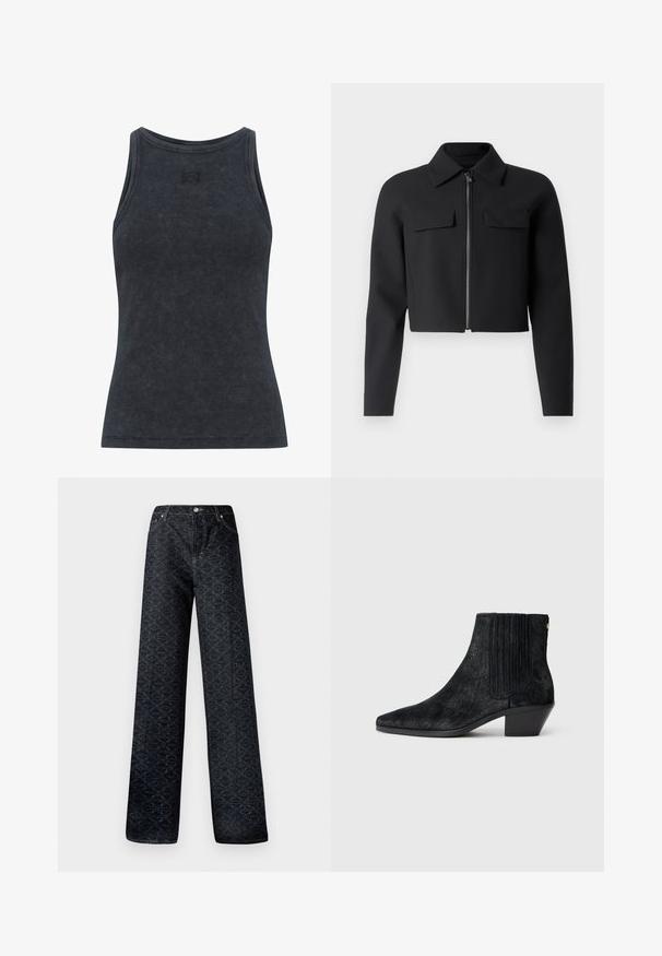 Chaqueta corta negra con cremallera en la parte frontal, mangas largas y dos bolsillos en el pecho; hecha de una tela suave y texturizada.; Tirante de canalé gris oscuro con cuello redondo y un diseño ajustado. Presenta un discreto detalle de logo en el pecho. Tejido suave y texturizado.; Jeans de pierna ancha en azul oscuro con un patrón geométrico, fabricados en denim. Presentan un botón de metal, cremallera y costuras en los bolsillos frontales.; Botín negro hasta el tobillo con punta afilada, material texturizado similar al pelo, panel lateral acanalado y un tacón bajo y cuadrado. Diseño simple y moderno.