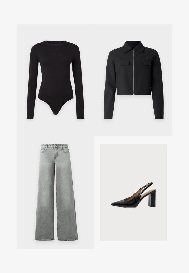 Sort cropped jakke med lynlås foran, lange ærmer og to brystlommer; lavet af glat, struktureret stof.; Sort langærmet bodysuit lavet af blødt stof, med rund hals og en struktureret "Guess Jeans" logo på forsiden.; Grå vidde jeans lavet af denim, med fem lommer, høj talje og en let falmet finish med synlige sømme.; Sort læder dame slingback sko med spids tå og høj blokhæl på lys baggrund.