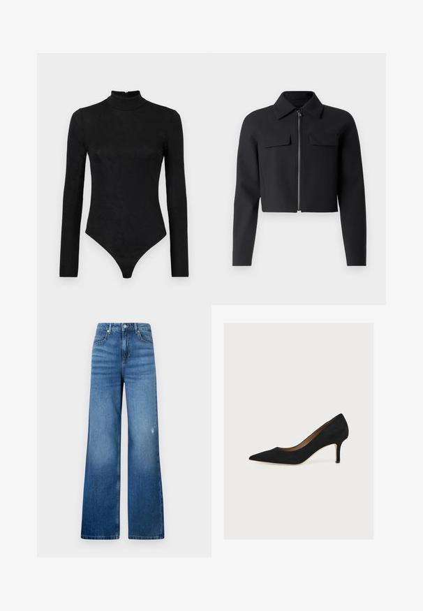 Sort cropped jakke med lynlås foran, lange ærmer og to brystlommer; lavet af glat, struktureret stof.; Sort langærmet bodystocking med høj hals og subtil tekstur. Har en lynlås bagpå og en thong-bunddesign.; Bredde ben i blå denimjeans med en lys vask, der har fem lommer og et standard taljebånd med en knaplukning. Glat struktur.; Sort ruskindspumpe med spids snude, mellemhøj stiletthæl og tan indersål på en lys baggrund.