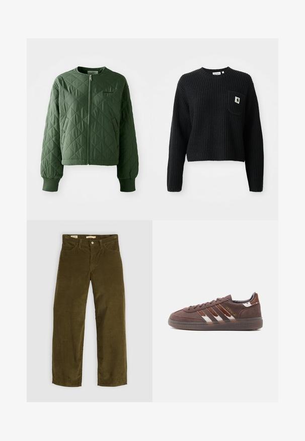 Grüne Steppjacke mit rundem Ausschnitt. Verfügt über einen Frontreißverschluss und zwei seitliche Taschen mit Druckknopfverschluss. Gerippte Bündchen runden die Ärmel ab.; Schwarzer gerippter Strickpullover mit rundem Ausschnitt, langen Ärmeln und einer Fronttasche mit einem kleinen Logopatch. Verkürzte Länge.; Olivgrüne Cordhosen mit geradem Bein, die über Fronttaschen und einen Knopfverschluss verfügen und eine vertikale Rippstruktur aufweisen.; Brauner Wildleder-Adidas-Sneaker mit weißen und dunkelbraunen Streifen, flacher Sohle und goldfarbenem "Spezial"-Schriftzug an der Seite.