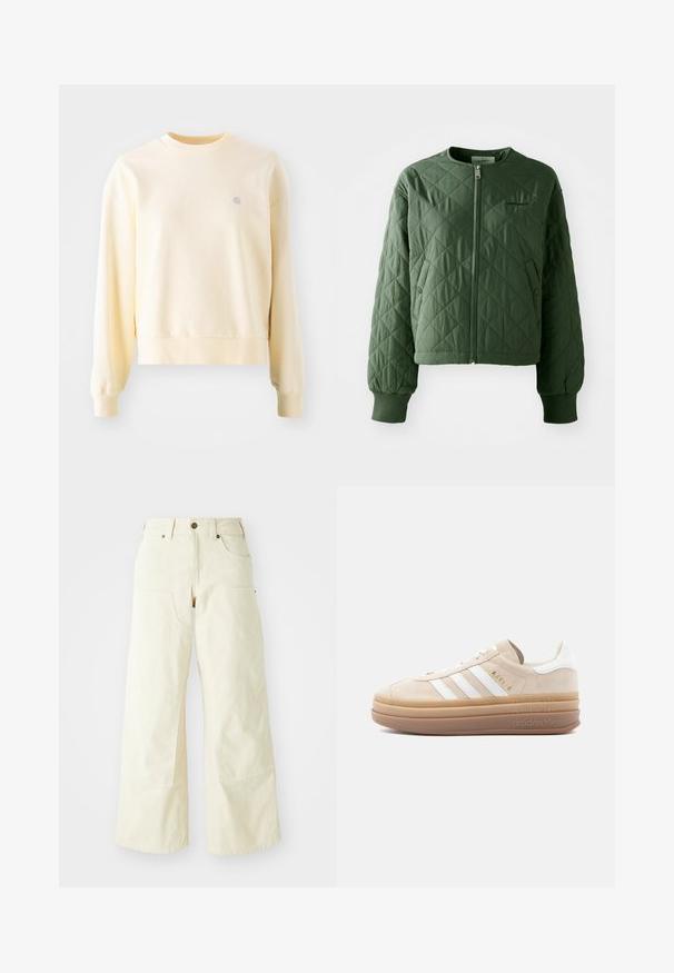 Quiltet grøn jakke med rund hals. Har en front lynlås og to sidelommer med trykknaplukninger. Ribbede mansjetter afslutter ærmerne.; Lys gul sweatshirt med lange ærmer, rund halsudskæring, ribbede manchetter og et lille logo på brystet. Fremstillet af blødt, struktureret stof.; Beige brede bukser i bomuld med høj talje, store forlommer og en glat overflade med minimal syning.; Beige ruskindsneaker med hvide læderdetaljer, der har tre hvide striber, et gyldent logo og en tyk, gennemsigtig gummisål.