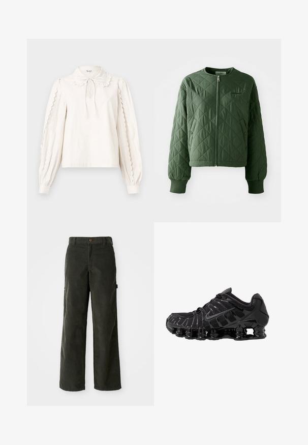 Veste matelassée verte avec un col rond. Comprend une fermeture éclair à l'avant et deux poches latérales avec des fermetures à pression. Les manches sont terminées par des poignets côtelés.; Blouse blanche à manches longues avec des bords festonnés sur les manches, un col Peter Pan avec un nœud lié et des poignets boutonnés.; Pantalons en velours côtelé vert foncé à coupe ample, jambes droites, poches avant et fermeture à bouton. Tissu texturé avec des côtes verticales.; Chaussure de sport noire avec une tige en mesh et des superpositions brillantes. Dotée d'un amorti à ressorts courbés et de lignes texturées sur le côté. Logo Nike visible.