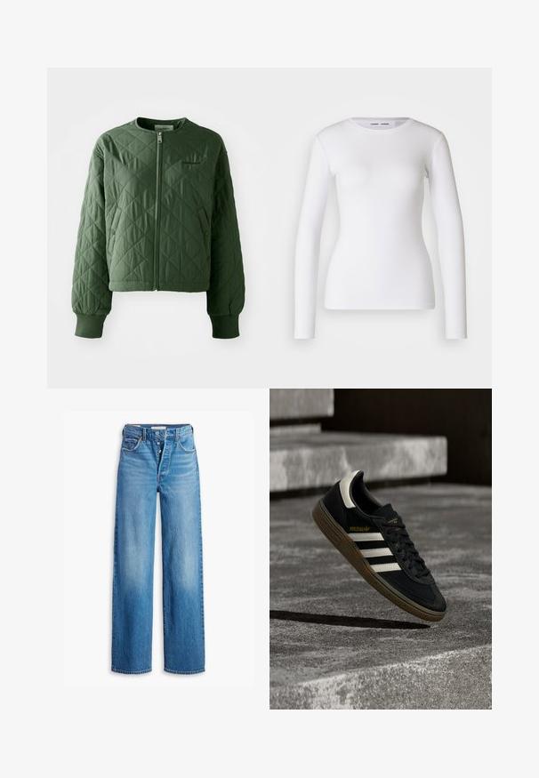 Gequilte groene jas met een ronde hals. Voorzien van een rits aan de voorkant en twee zijzakken met drukknopen. Ribgebreide manchetten maken de mouwen af.; Witte longsleeve shirt van ribstof, met een ronde halslijn en een getailleerde vorm. Er zijn geen patronen of accenten aanwezig.; Blauwe spijkerbroek met een hoge taille, wijde pijpen en vijf-pocketstijl. Voorzien van een knopenfly en een vervaagde afwerking.; Zwarte Adidas sneaker met witte strepen en gumzool die boven grijze betonnen trappen zweeft in natuurlijk licht.