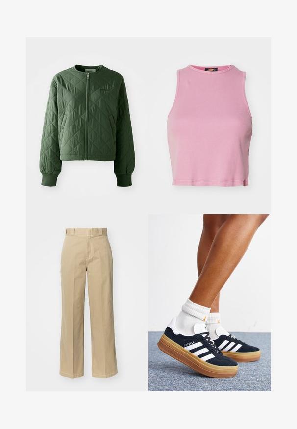 Veste matelassée verte avec un col rond. Comprend une fermeture éclair à l'avant et deux poches latérales avec des fermetures à pression. Les manches sont terminées par des poignets côtelés.; Crop top rose à côtes avec un col rond et un design sans manches. Se termine juste au-dessus de la taille.; Pantalons larges beiges en coton, dotés de passants de ceinture, d'une braguette zippée et de surpiqûres contrastées le long des coutures.; Jambes portant des chaussettes blanches et des baskets Adidas Gazelle noires avec des bandes blanches et des semelles épaisses marron sur un sol recouvert de moquette grise.