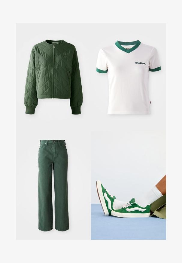 Chaqueta acolchada verde con cuello redondo. Presenta un cierre frontal y dos bolsillos laterales con cierres de botón. Los puños acanalados rematan las mangas.; Camiseta de algodón blanca de manga corta con cuello en V y ribetes verdes; cuenta con el logo de "Dickies" en verde oscuro en el lado izquierdo del pecho. Textura de algodón suave.; Vaqueros verdes de pierna ancha hechos de denim. Presentan una cintura alta, piernas rectas, bolsillos frontales y cierre de botón metálico.; Zapatillas de ante verde con acentos blancos, cordones texturizados que presentan detalles en rosa y una suela de goma beige, combinadas con calcetines blancos y pantalones cortos verdes.