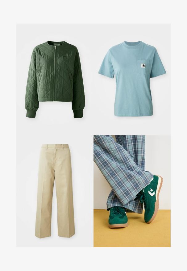 Chaqueta acolchada verde con cuello redondo. Presenta un cierre frontal y dos bolsillos laterales con cierres de botón. Los puños acanalados rematan las mangas.; Camiseta de algodón de manga corta color azul claro con bolsillo en el pecho que presenta un pequeño parche del logotipo en blanco y negro de Carhartt.; Pantalones anchos de color beige fabricados en algodón con una textura suave. Presentan un corte recto, trabillas para cinturón y bolsillos delanteros.; Zapatillas de ante verdes con acentos blancos y un logo de estrella, combinadas con pantalones de cuadros azules de pierna ancha, sobre un suelo amarillo.