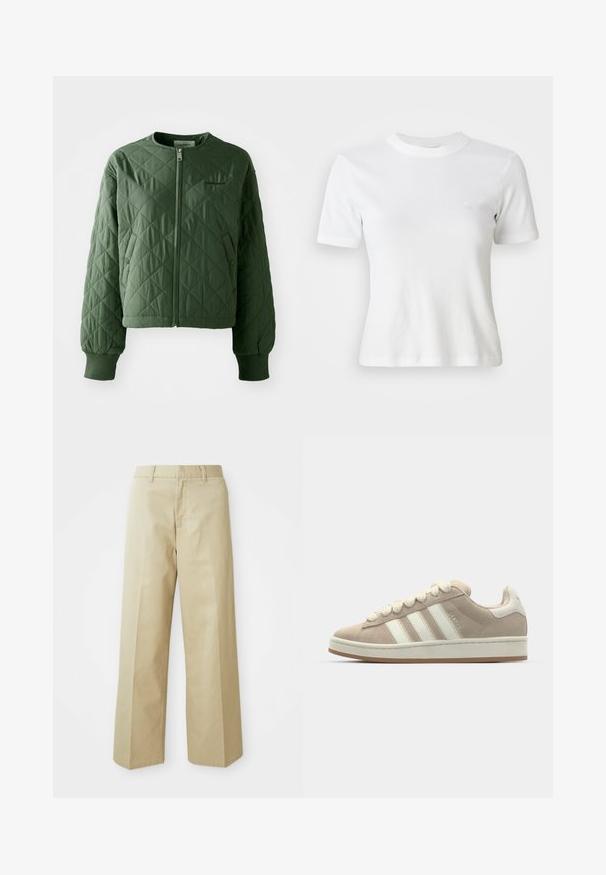 Grüne Steppjacke mit rundem Ausschnitt. Verfügt über einen Frontreißverschluss und zwei seitliche Taschen mit Druckknopfverschluss. Gerippte Bündchen runden die Ärmel ab.; Weiße, gerippte Kurzarm-T-Shirt mit Rundhalsausschnitt und kleinem Logo auf der Brust. Aus weichem Stoff gefertigt mit taillierter Passform.; Beige weite Hose aus Baumwolle mit glatter Textur. Verfügt über einen geraden Schnitt, Gürtelschlaufen und Fronttaschen.; Hellbeige Wildlederschuhe mit weißen Lederstreifen und -schnürsenkeln, Gummisohle, gepolstertem Kragen und strukturierten Details auf der Oberseite.