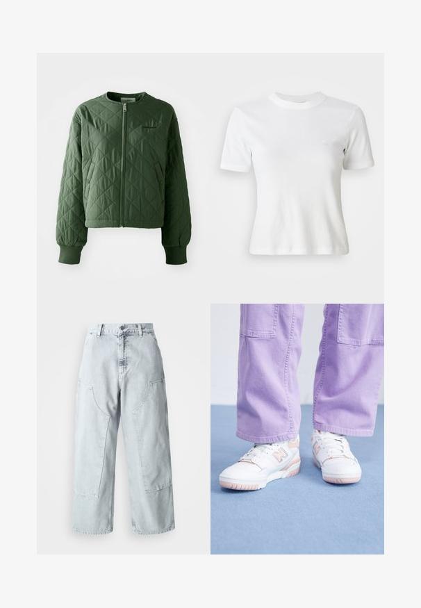 Grüne Steppjacke mit rundem Ausschnitt. Verfügt über einen Frontreißverschluss und zwei seitliche Taschen mit Druckknopfverschluss. Gerippte Bündchen runden die Ärmel ab.; Weiße, gerippte Kurzarm-T-Shirt mit Rundhalsausschnitt und kleinem Logo auf der Brust. Aus weichem Stoff gefertigt mit taillierter Passform.; Helle blaue Denim-Hosen mit weitem Bein, großen Seitentaschen, hohem Bund und lockerer Passform. Abgenutzte Textur mit verwaschenem Finish.; Weiße Sneaker mit rosa Akzenten, Obermaterial aus strukturiertem Leder und Gummisohle, kombiniert mit helllila weit geschnittenen Hosen auf einer blauen Fläche.