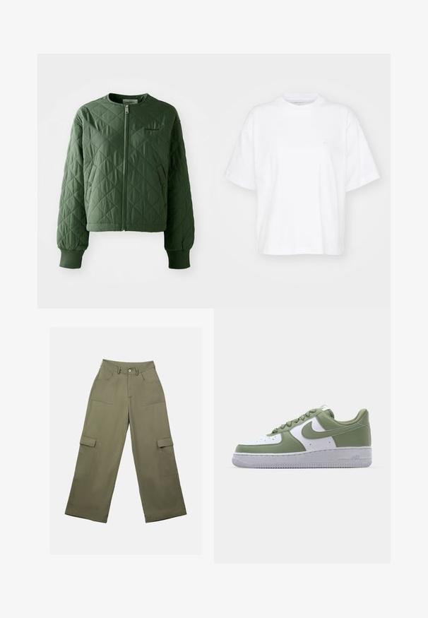 Chaqueta acolchada verde con cuello redondo. Presenta un cierre frontal y dos bolsillos laterales con cierres de botón. Los puños acanalados rematan las mangas.; Camiseta de algodón blanca con cuello redondo, mangas cortas y un corte relajado. Presenta un logo sutil en el área del pecho izquierdo. Textura suave.; Pantalones cargo verde oliva con cintura alta, piernas amplias y dos grandes bolsillos laterales. Fabricados en tela suave con cierre de botón.; Zapatillas Nike Air Force 1 en cuero verde y blanco. Diseño de corte bajo, punta redonda, suela de goma texturizada y detalle destacado del logo swoosh.