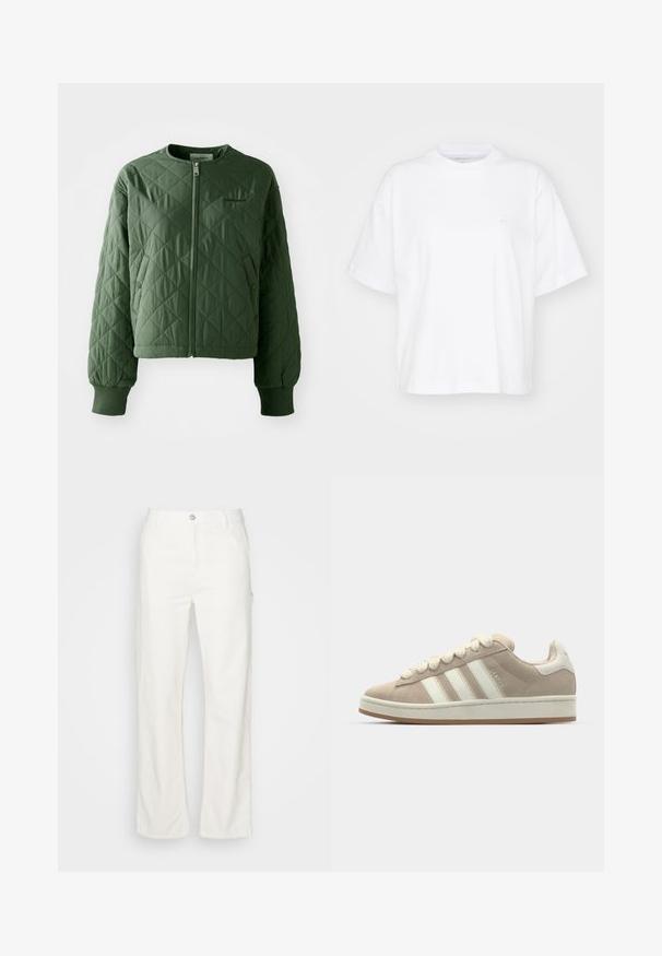 Veste matelassée verte avec un col rond. Comprend une fermeture éclair à l'avant et deux poches latérales avec des fermetures à pression. Les manches sont terminées par des poignets côtelés.; T-shirt en coton blanc avec un col rond, des manches courtes et une coupe décontractée. Présente un logo discret sur la zone gauche de la poitrine. Texture lisse.; Pantalons droits en coton blanc avec une fermeture à bouton à l'avant, passants de ceinture et poches latérales. Texture lisse sans motifs visibles.; Sneakers en suède tan avec des rayures et des lacets en cuir blanc, semelle en caoutchouc, col rembourré et détails texturés sur le dessus.