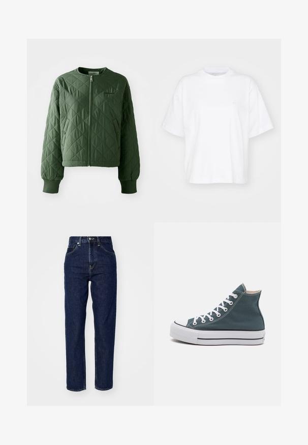 Gequilte groene jas met een ronde hals. Voorzien van een rits aan de voorkant en twee zijzakken met drukknopen. Ribgebreide manchetten maken de mouwen af.; Witte katoenen t-shirt met een ronde hals, korte mouwen en een ontspannen pasvorm. Heeft een subtiel logo op het linkerborstgedeelte. Zachte textuur.; Donkerblauwe spijkerbroek met hoge taille, rechte pijpen, voorzakken en subtiele stikseldetails. Een klassieke en veelzijdige stijl.; Hoge canvas sneakers in donker teal met witte veters. Kenmerken zijn een rubberen teenkap, witte zool met zwarte accentstroken en gestikte details.