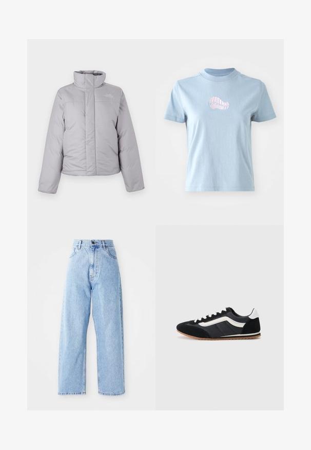 Lysegrå dunjakke med høj krave, lynlås foran og vandret syning. Har et logo på venstre bryst og lange ærmer.; Lyseblå bomulds T-shirt med korte ærmer og høj halsudskæring, prydet med et lille pink broderet skaldesign på forsiden.; Højhalset lysblå denimjeans med lige vide ben, frontknap, lynlås lukning samt front- og baglommer.; Sort atletisk sko med overdel i ruskind og tekstil, hvide detaljer, seks snørrehuller og gummisål. Elegant form med lav profil.