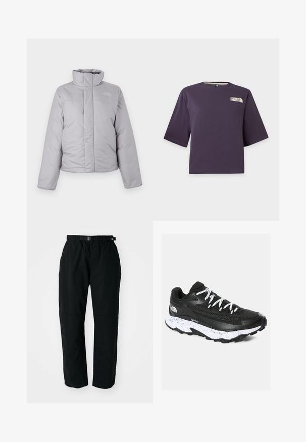 Chaqueta acolchada gris claro con cuello alto, cierre delantero con cremallera y costuras horizontales. Presenta un logo en el lado izquierdo del pecho y mangas largas.; Camiseta corta de manga corta morada con un pequeño logo beige de The North Face en la parte superior izquierda del pecho.; Pantalones ligeros negros con cinturilla elástica y cinturón ajustable. Cuentan con piernas estrechas y paneles de rodilla reforzados para mayor durabilidad.; Zapatilla deportiva negra con parte superior de malla y diseño texturizado. Presenta una entresuela blanca moteada, una suela gruesa negra y cordones reflectantes.