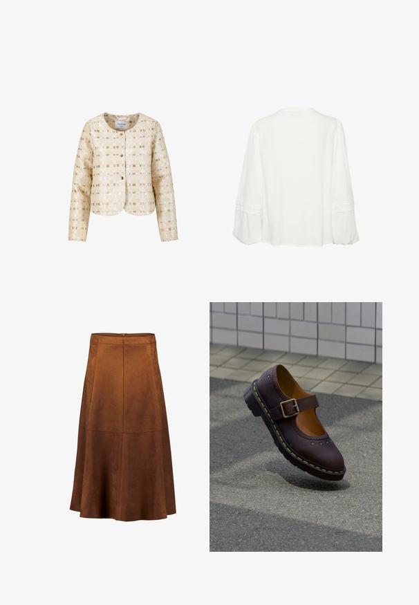 Veste à manches longues à motifs à carreaux beige et or, avec un col rond et deux boutons avant, de la marque Coster.; Blouse blanche à manches longues avec bordure en dentelle autour du milieu des manches et un col rond, vue de dos.; Jupe trapèze en daim marron avec une texture lisse, des coutures en panneaux et une fermeture éclair à l'arrière. Longueur mi-mollet avec un ourlet évasé.; Chaussure Mary Jane en cuir brun foncé avec une bride à boucle, des découpes en forme de fleurs et une semelle noire épaisse avec des coutures jaunes, posée sur un trottoir à côté d'un mur carrelé.
