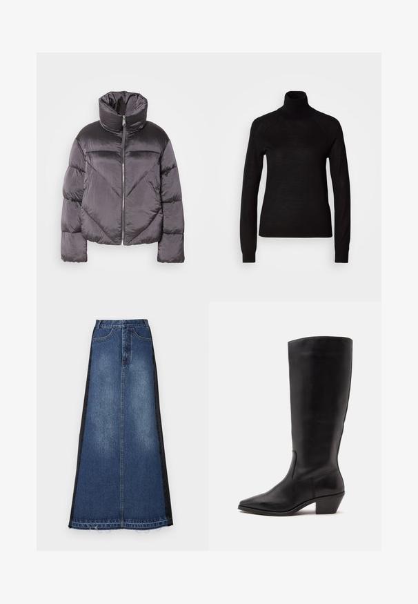 Puffjakke i mørkegrå, med høj krave, blankt materiale, chevronmønster og frontlynlås. Korte, polstrede ærmer.; Sort turtleneck sweater lavet af et let strikket stof. Har lange ærmer og en tætsiddende silhuet med raglan-sømme.; Maxi nederdel i denim med en blå hovedfarve og sorte sidepaneler, lige pasform, frynset kant og klassisk femlomme-design.; Sort læderstøvle til midtkalv med spids tå og lavt skråt hæl på en enkel lys baggrund.