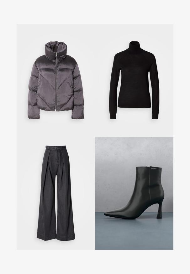 Daunenjacke in Dunkelgrau, mit hohem Kragen, glänzendem Material, Zickzackmuster und einem Reißverschluss vorne. Kurze, gepolsterte Ärmel.; Schwarzer Rollkragenpullover aus leichtem Strickmaterial. Mit langen Ärmeln und einer figurbetonten Silhouette mit Raglanärmeln.; Schwarze Jeans mit weitem Bein und hoher Taille, ausgestattet mit vorderen Falten und einem klassischen Reißverschluss. Knackige, glatte Textur mit sauberen Abschlüssen.; Schwarze Leder-Stiefelette mit spitzem Zehenbereich und einem geometrischen Absatz. Verfügt über dezente Branding-Elemente und eine glatte Textur. Der Hintergrund zeigt strukturierte Fliesen.