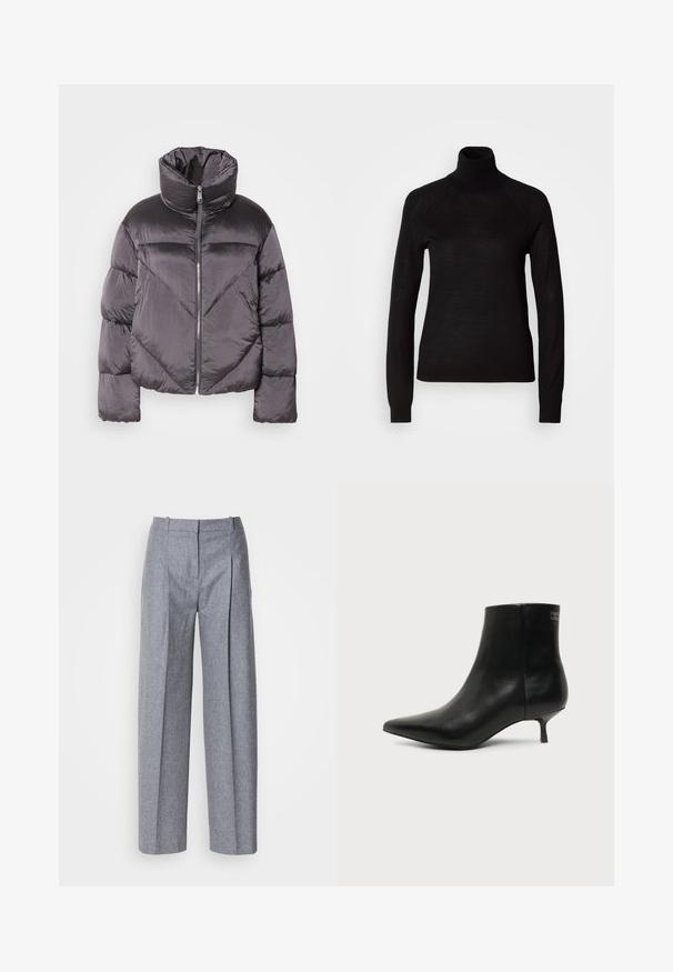 Doudoune gris foncé, avec un col montant, en matériau brillant, motif en chevrons, et fermeture à glissière à l'avant. Manches courtes rembourrées.; Pull à col roulé noir en tissu tricot léger. Avec des manches longues et une silhouette ajustée dotée de coutures raglan.; Pantalons larges gris clair en tissu texturé, avec des plis à l'avant et une taille cintrée. Design minimaliste, sans matériel visible.; Bottine en cuir noir avec bout pointu et petit talon kitten sur fond clair, vue côté extérieur.