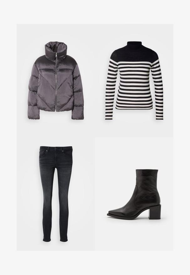 Puffjakke i mørkegrå, med høj krave, blankt materiale, chevronmønster og frontlynlås. Korte, polstrede ærmer.; Stribet sort og hvid turtle neck sweater med lange ærmer. Har en ensfarvet sort topsektion og vandrette striber over hele kroppen.; Slank-fittede jeans i mørk vask denim med et klassisk fem-lomme design, knaplukning og signaturlogo detaljer på baglommen.; Sort læder ankelstøvle med firkantet tå og blokhæl. Designet har en glat overflade og minimale syninger.