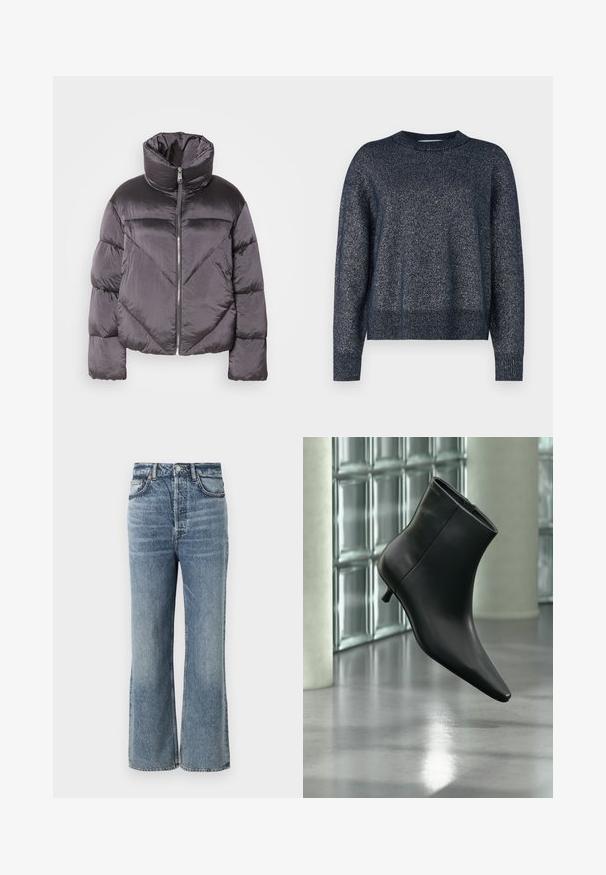 Puffjakke i mørkegrå, med høj krave, blankt materiale, chevronmønster og frontlynlås. Korte, polstrede ærmer.; Marineblå strikket sweater med rund halsudskæring, lange ærmer og en tekstureret overflade med subtile metalliske tråde throughout.; Lysblå højtaljede jeans med bred benudskæring, afsluttet med subtilt falming, fem-lomme design og metalknap hardware.; Sort læderankelstøvle med spids tå og lav kitten-hæ, vist vinklet mod en poleret gulv- og glasblokvæg.