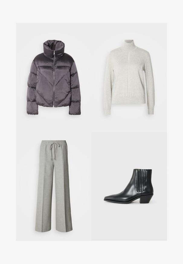 Puffjakke i mørkegrå, med høj krave, blankt materiale, chevronmønster og frontlynlås. Korte, polstrede ærmer.; Lys grå sweater med høj krave og kvart lynlås. Lavet af et blødt, struktureret materiale, der har lange ærmer og en tætsiddende kant.; Lysegrå bukser med brede ben, elastisk taljebånd med snøre, forlommer og et subtilt tekstureret stof.; Sorte læder ankelstøvle med spids tå, elastiske sidepaneler med lodrette riller og en lav blokhæl. Glat tekstur og slankt design.