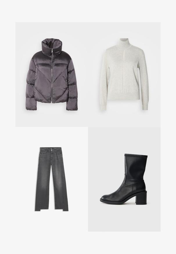 Puffjakke i mørkegrå, med høj krave, blankt materiale, chevronmønster og frontlynlås. Korte, polstrede ærmer.; Lys grå sweater med høj krave og kvart lynlås. Lavet af et blødt, struktureret materiale, der har lange ærmer og en tætsiddende kant.; Grå denim jeans med vid benåbning, der har et klassisk fem-lomme design og subtil falming over stoffet.; Sort læder ankelstøvle med rund tå, glat tekstur og en grov hæl, der har et tætsiddende skaft og subtil syning.