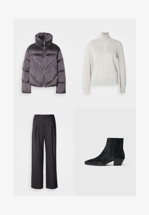 Puffjakke i mørkegrå, med høj krave, blankt materiale, chevronmønster og frontlynlås. Korte, polstrede ærmer.; Lys grå sweater med høj krave og kvart lynlås. Lavet af et blødt, struktureret materiale, der har lange ærmer og en tætsiddende kant.; Mørkegrå brede benbukser i et struktureret stof, med frontfolder og et klassisk livdesign. Ingen synlige lommer.; Sort ankelstøvle med spidse tæer, tekstureret håragtigt materiale, ribbet sidepanel og en lav, firkantet hæl. Simpelt og moderne design.